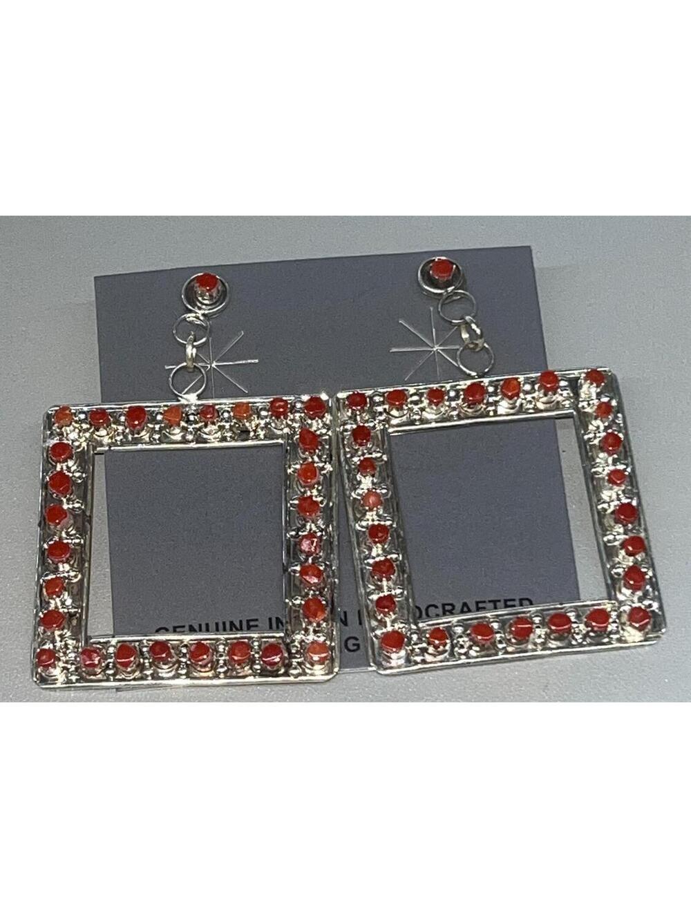 Native American Zuni sterling silver cluster box style coral earrings post